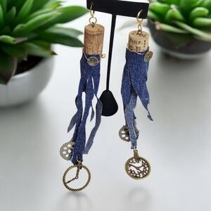 14K Gold Plated Denim Steampunk Tassel Button Cork Huggie Hoop Earrings